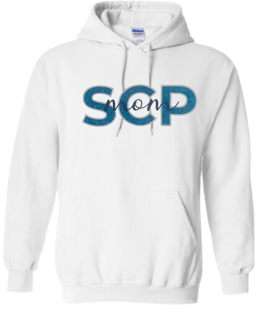 Hoodie Sweatshirt-EMBROIDERED SCP in GLITTER Vinyl Applique with "name"-Center Chest Logo