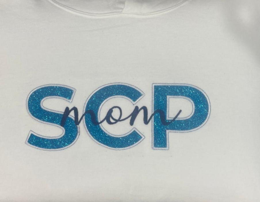 Crewneck Sweatshirt-EMBROIDERED SCP in GLITTER Vinyl Applique with "name"-Center Chest Logo