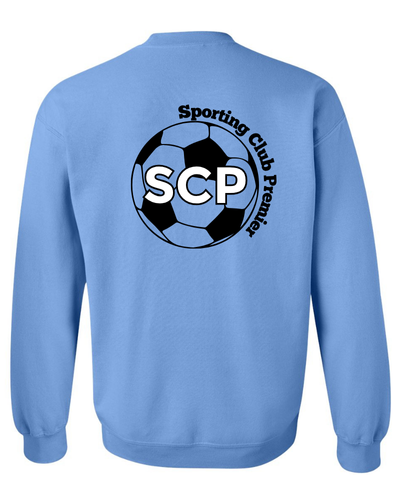 SCP Crewneck Sweatshirt – “Sporting Club Premier” Soccer-Ball – Center-Back Design (Player Number on Sleeve – Optional) – Adult