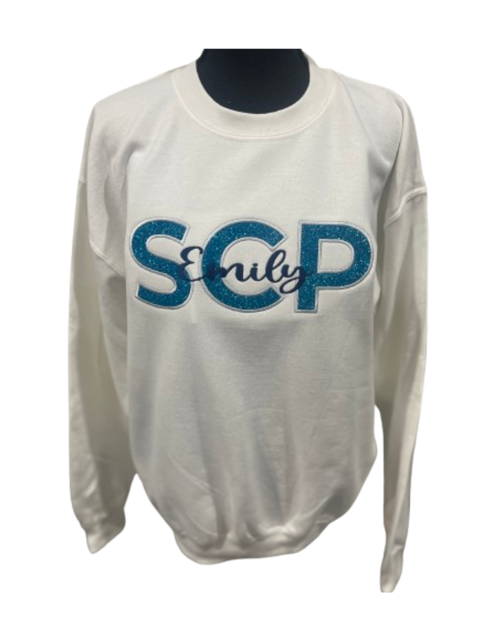 YOUTH-Crewneck Sweatshirt-EMBROIDERED SCP in GLITTER Vinyl Applique with "name"-Center Chest Logo