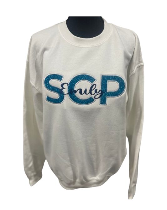 YOUTH-Crewneck Sweatshirt-EMBROIDERED SCP in GLITTER Vinyl Applique with "name"-Center Chest Logo