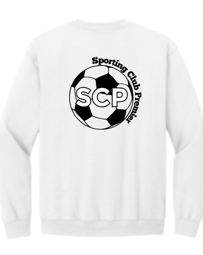 SCP Crewneck Sweatshirt – “Sporting Club Premier” Soccer-Ball Emblem – Center-Back Design (Player Number on Sleeve – Optional) – Youth