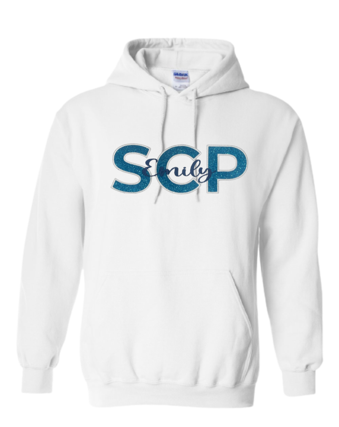 YOUTH - Hoodie Sweatshirt-EMBROIDERED SCP in GLITTER Vinyl Applique with "name"-Center Chest Logo