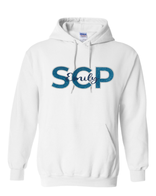 YOUTH - Hoodie Sweatshirt-EMBROIDERED SCP in GLITTER Vinyl Applique with "name"-Center Chest Logo