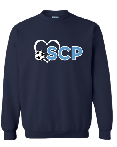 SCP Crewneck Sweatshirt – “SCP” Logo + Heart & Soccer Ball Front Design – Youth