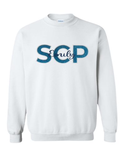 SCP Crewneck Sweatshirt – Embroidered “SCP” Glitter Appliqué – Center-Chest Logo (Name Personalization) – Youth