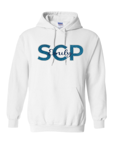 SCP Hoodie – Embroidered “SCP” Glitter Appliqué – Center-Chest Logo (Name Personalization) – Youth