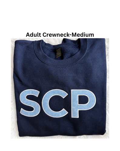 SCP Crewneck Sweatshirt – Embroidered “SCP” Appliqué – Center-Chest Logo – Adult -SAMPLE SALE