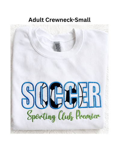 SCP Crewneck Sweatshirt – Embroidered “Soccer” with Glitter Ball – “Sporting Club Premier” – Center-Chest – Adult -SAMPLE SALE