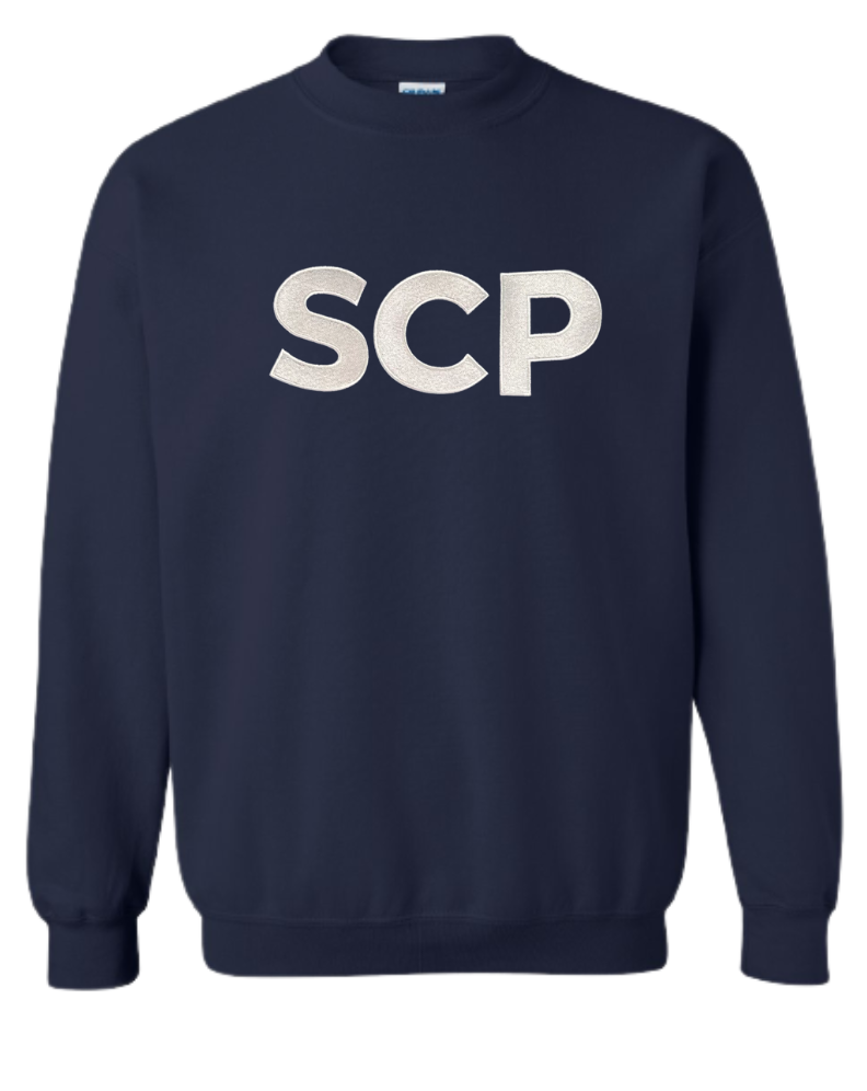 SCP Crewneck Sweatshirt – Embroidered “SCP” Logo – Center-Chest – Adult