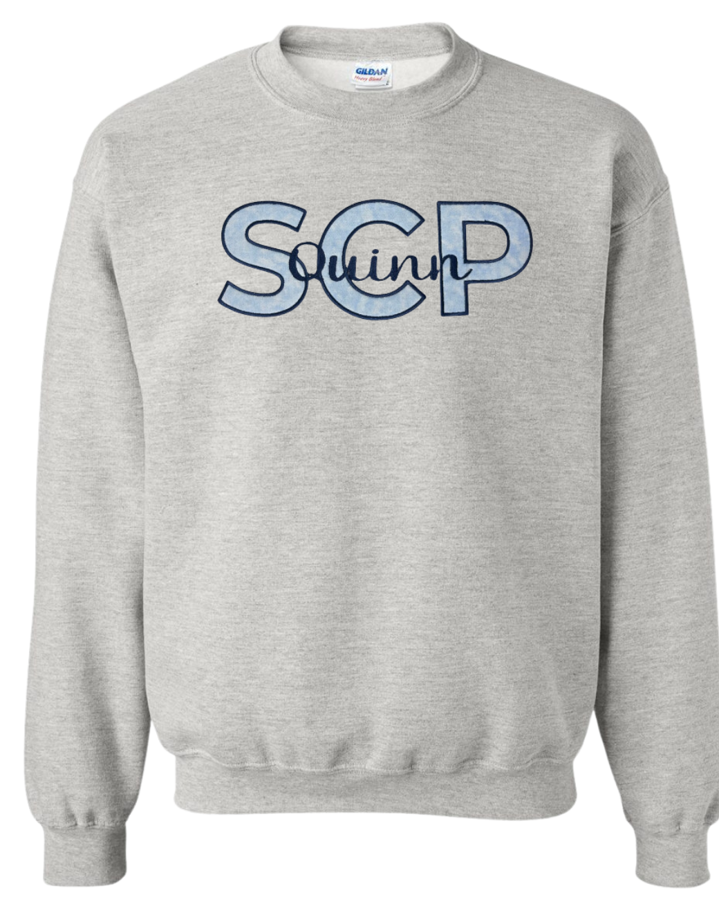 Crewneck Sweatshirt-EMBROIDERED SCP Applique with "name"-Center Chest Logo