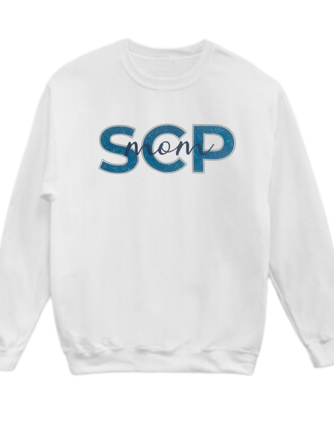 Crewneck Sweatshirt-EMBROIDERED SCP in GLITTER Vinyl Applique with "name"-Center Chest Logo