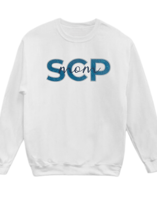 Crewneck Sweatshirt-EMBROIDERED SCP in GLITTER Vinyl Applique with "name"-Center Chest Logo