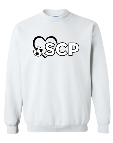 SCP Crewneck Sweatshirt – “SCP” Logo + Heart & Soccer Ball Front Design – Youth